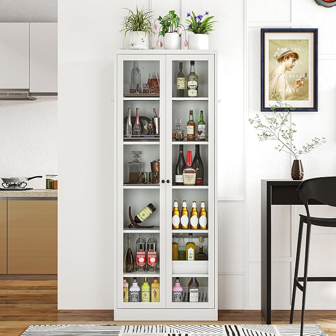 Kitchen Pantry Cabinet, 72" H Storage Cabinet with Glass Doors and Adjustable Shelves, Spacious Cupboard with Round Handles, Metal Kitchen Cabinet for Dining Room, Living Room, White
