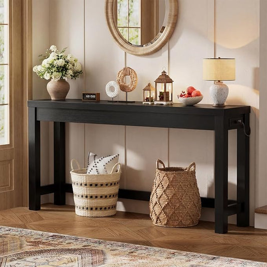Cyclysio 63" Console Table with Charging Station, 13.8" Deep Farmhouse Sofa Table Behind Couch with 2 AC Outlets & 3 USB Ports, Long Entryway TV Console or Home Office Desk, Black