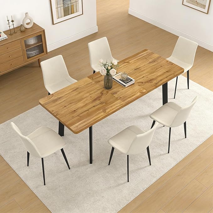 Extendable Dining Table Set for 6 to 8 People, 63" to 78.7" Modern Kitchen Table Set with 6 Leather Chairs, MDF Dining Room Table and Chairs with Removable Extension Leaf (Walnut Table+White Chairs)