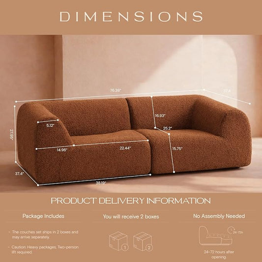 Curved Sectional Modular Couch with Chaise, Modern 76.38'' Boneless Sofa with Deep Seat, Sherpa Boucle Cloud Couch for Living Room, Cozy Teddy Loveseat Couches, No Assembly, Brown