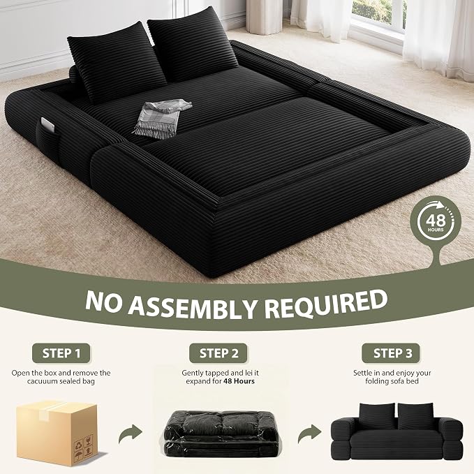 Jocoevol 4-in-1 Convertible Folding Sofa Bed, 78"W x 68"L Queen Size Foldable Sleeper Sofa Bed, Wide Corduroy Upholstery, Boneless Mattress Couch with Armrests & Neck Pillow for Living/Bedroom, Black
