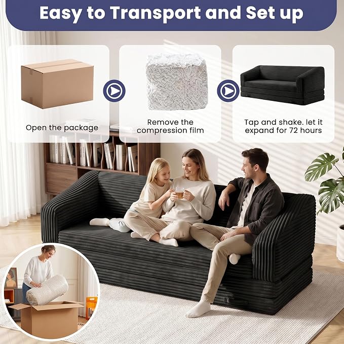 JUIKURY Convertible Sofa Bed, 3-in-1 Foldable Loveseat Couch with Armrest, Corduroy Floor Sofa & Sleeper Bed, No Assembly High-Density Foam Futon Mattress for Living Room, Small Apartment, Dorm