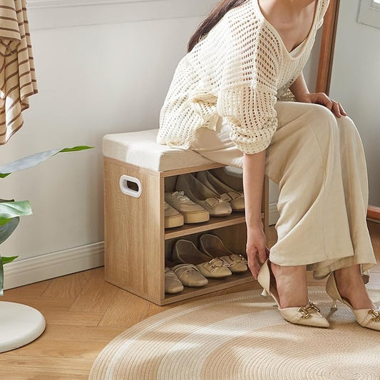 YMYNY Small Shoe Storage Bench with Cushion, 2 Tier Entryway Bench with Storage, Shoe Rack Bench for Entryway, Living Room, Hallway, Closet, Bedroom, 15.4L*11W*16.54H, Light Natural UHBD028R