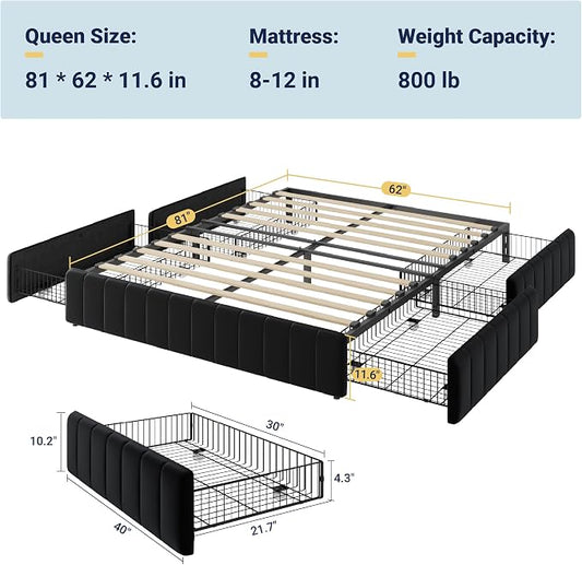 Allewie Queen Size Platform Bed Frame with 4 Large Storage Drawers, Velvet Vertical Channel Tufted Upholstered Bed Base, Wooden Slats Support, Noise-Free, No Box Spring Needed, Easy Assembly, Black