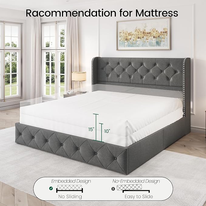 LARMACE Queen Size Platform Bed Frame with 4 Storage Drawers and 47.2" Tall Tufted Headboard Linen Upholstered Bed Wingback Bed Frame with Wooden Slats Support, Easy Assembly, Light Grey