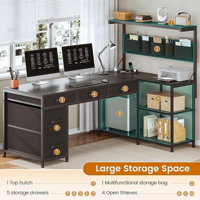SEDETA L Shaped Gaming Desk, 47.2" Reversible Small Computer Desk with 5 Drawers and Storage Shelves, Corner Gaming Desk with LED Lights and Power Outlet, Black