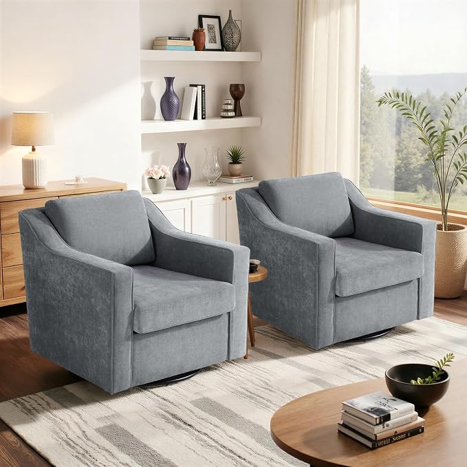 Swivel Accent Chair, Modern Round Barrel Arm Chair for Living Room, Bedroom, Comfy Club Reading Chairs for Adults (Chenille Grey, Set of 2)