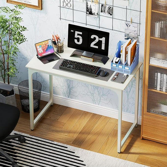 PayLessHere | 39 Inch Computer Desk | White | Office Desk with Metal Frame, Adjustable Feet | Water-Resistant, Scratchproof Surface | Sturdy Writing Table for Home Office or Study | Pack of 1