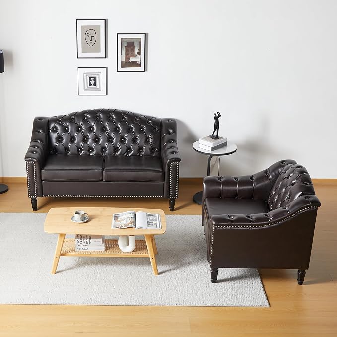 LEVNARY Chesterfield Chair Leather, Upholstered Sofa Chair with High Back, Mid-Century Modern Armchair with Solid Wood Legs, Single Couches for Living Room (Brown)