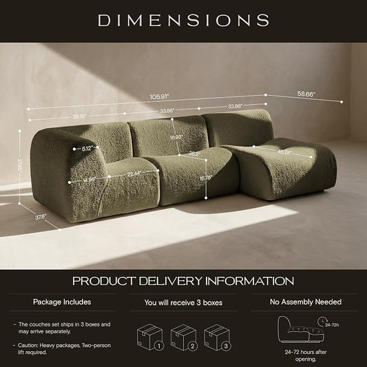 106" Curved Sectional Sofa with Chaise, Boneless 3 Seater Modular Couch, Reversible L-Shaped Couches with High-Density Foam, Modern Lounge Comfort Sherpa Sofas for Living Room – No Assembly, Green