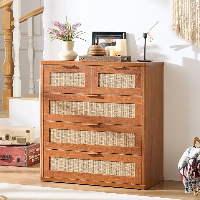 LEYAOYAO Rattan Dresser for Bedroom, 33.5" Tall Chest of Drawers, Modern 5 Drawers Boho Dressers with Storage, Vintage Brown Dresser Wooden Closet Organizer for Living Room, Hallway