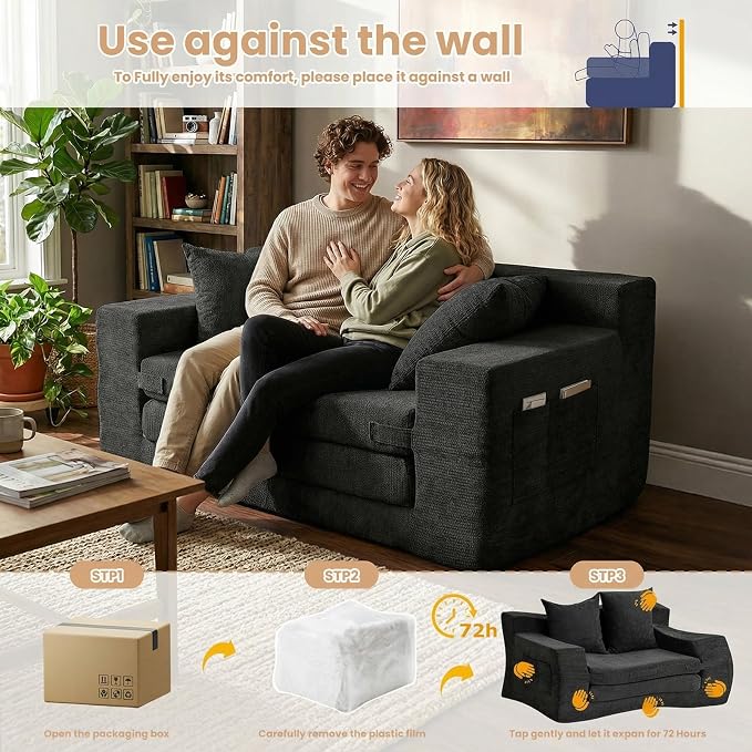 Boneless Loveseat Sofa Bed, Tri-Folding Convertible Futon Sleeper with Handle & Side Pockets, 54'' Boneless Couch with Hook and Loop No Assembly for Small Space,Living Room & Bedroom