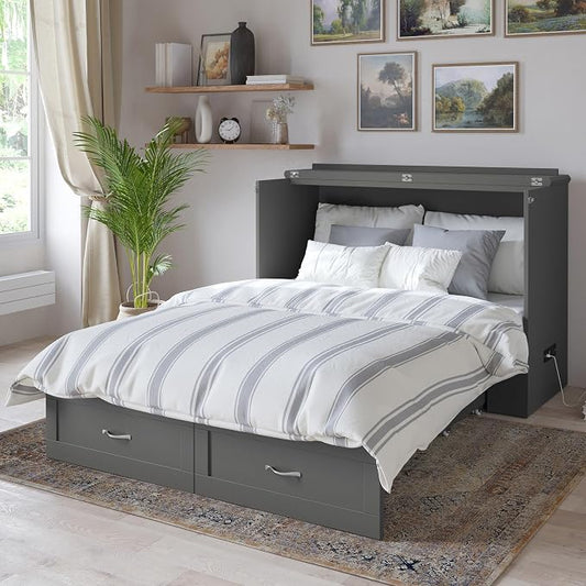 AFI Hamilton Full Murphy Bed Chest with Mattress, Storage, and Built-in Charger in Grey