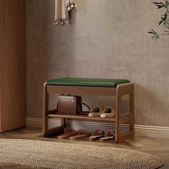 AQIMUELE Shoe Rack Bench,2 Tiers Shoe Bench with Storage with Flip-Top,Wood Shoe Rack for Entryway,Hallway(Green Upholstered Seat,11.8" D x 23.62" W x 15.7" H
