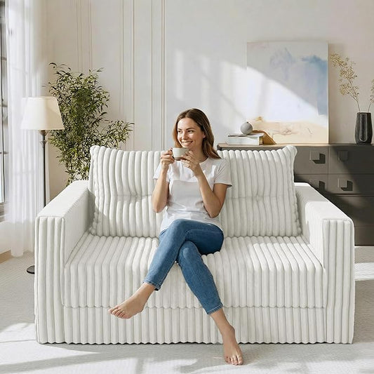 HABUTWAY 41.3" Loveseat Boneless Couch, 4-in-1 Convertible Sofa Bed, Plush Fur Folding Futon Sofa Bed Couches with a Pillow for Living Room, High-Density Foam Support, No Assembly Required, Beige