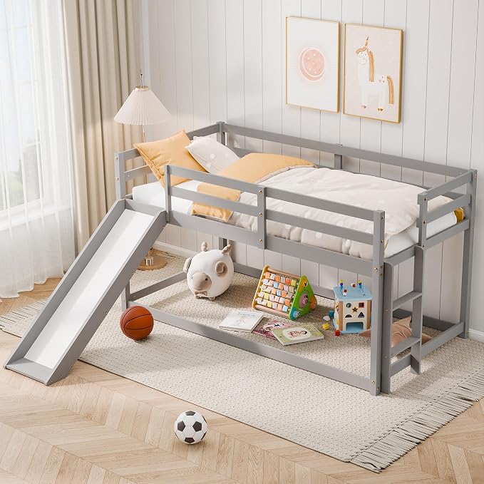 Bunk Bed with Slide, Wooden Bed Frame for Kids, Low Loft Bunk Bed Twin Over Twin with Ladders, Safety Guardrails for Kids, Toddlers, Boys, Girls, Teens, Bedroom (Grey)