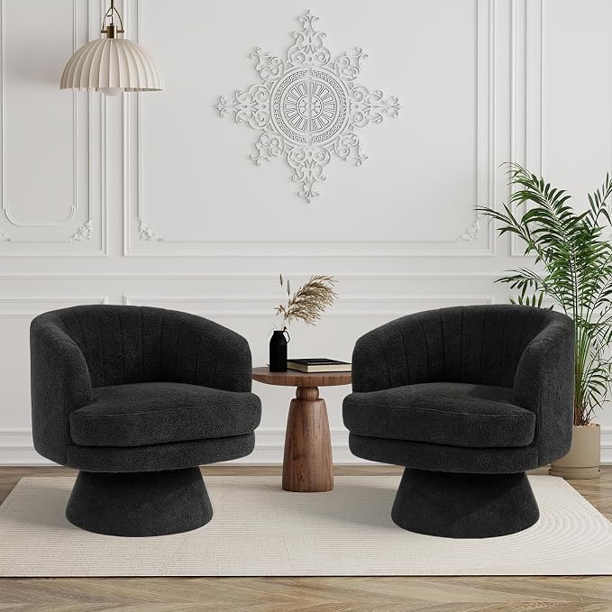 CANMOV Swivel Accent Chair with Armrest, Modern 360 Degree Swivel Barrel Chair with Curve Back and Soft Cushion,Comfy Round Sherpa Teddy Armchair Single Sofa for Living Room,Bedroom, Black