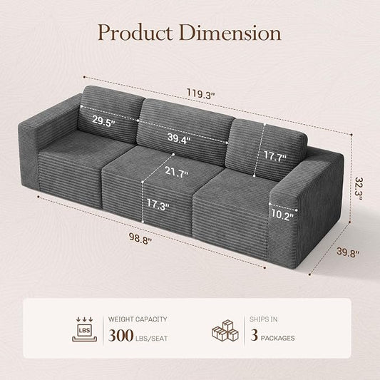 Vesgantti 119" Modular Sectional Sofa, Corduroy Cloud Couch with Deep Seating & Spring Support, 3 Seater Flexible Layout Sofa, Boneless Couch for Living Room & Apartment, No Assembly Required, Grey