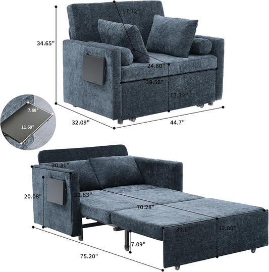 45" Oversize 3-in-1 Sleeper Chair Pull Out Bed, 75" Long Single Sleeper Sofa Bed with Wing Table and Side Pocket for Living Room, Bedroom, Small Space, Blue