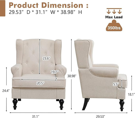 Accent Chair Set of 2, Mid Century Modern Fabric Wingback Chair, Upholstered Armchair with High Back and Vintage Legs, Comfy Single Sofa Side Reading Chair for Living Room Bedroom, Khaki