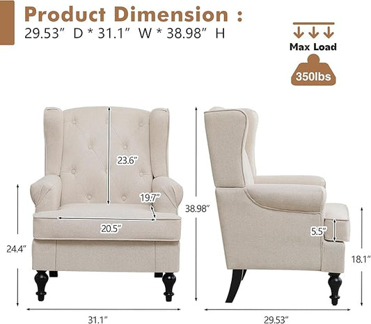 Accent Chair for Living Room, Mid Century Modern Upholstered Armchair, Wingback Chair with Tufted High Back and Solid Legs, Comfy Single Sofa Side Chairs for Bedroom, Khaki