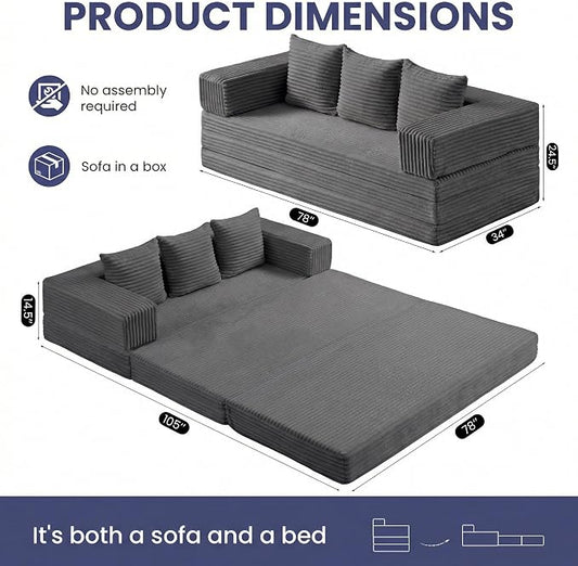 Convertible Sofa Bed Couch, 78’’ Oversized 4-in-1 Boneless Couches with Removable Armrests Backrest, Corduroy Futon Sofa Bed, Foldable Mattress Sleeper Sofa for Living Room Bedroom (Grey)