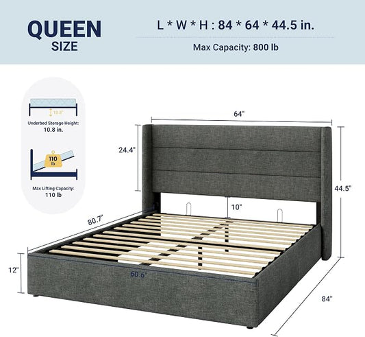 Allewie Queen Size Lift Up Storage Bed, Modern Wingback Headboard, Hydraulic Support, No Box Spring Needed, Dark Grey