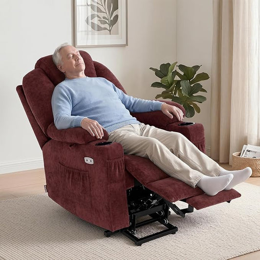 MCombo Power Lift Recliner Chair for Elderly, Lift Chair with Heat and Massage, USB&Type C Ports, Extended Footrest, Cup Holders, Fabric 7040 (Medium, Sangria)