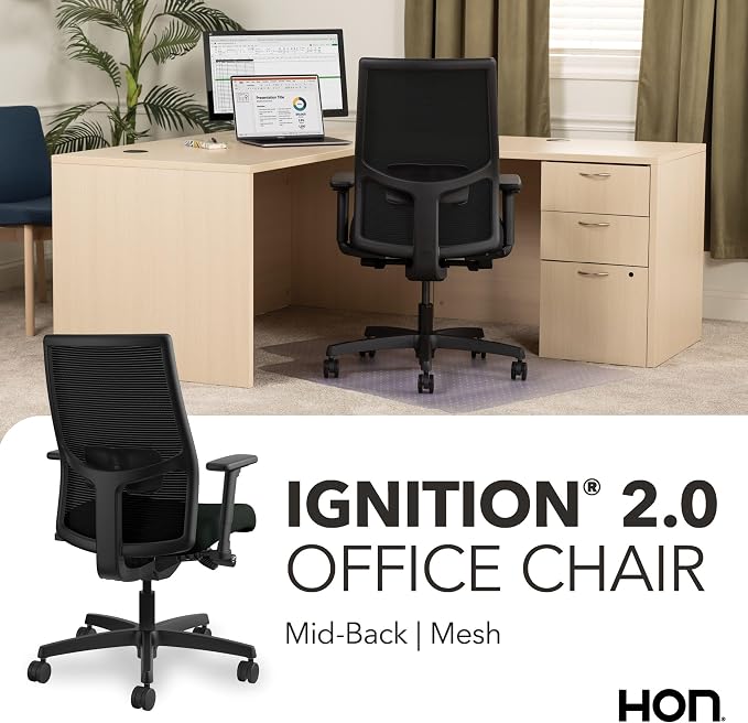 HON Ignition 2.0 Mid‑Back Ergonomic Office Chair, Mesh Task Seating with Lumbar Support, Advanced Synchro‑Tilt, Height and Width Adjustable Arms, Black Frame, Black