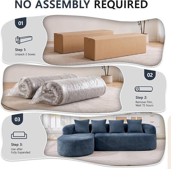 Modular Sectional Boneless Couches, Cloud Sectional Couch with L-Shape Curved Chaise, Modern Comfy Chenille Sofa with Deep Seat for Living Room, Bedroom, No Assembly Required (Blue)