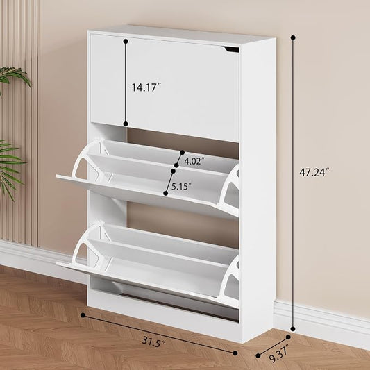 Shoe Storage Cabinet, Wood Shoe Organizer for Entryway with 3 Flip Drawers, Freestanding Shoe Rack with Adjustable Shelf, Narrow Shoe Dresser for Front Door Entrance (White, 3 Drawers)