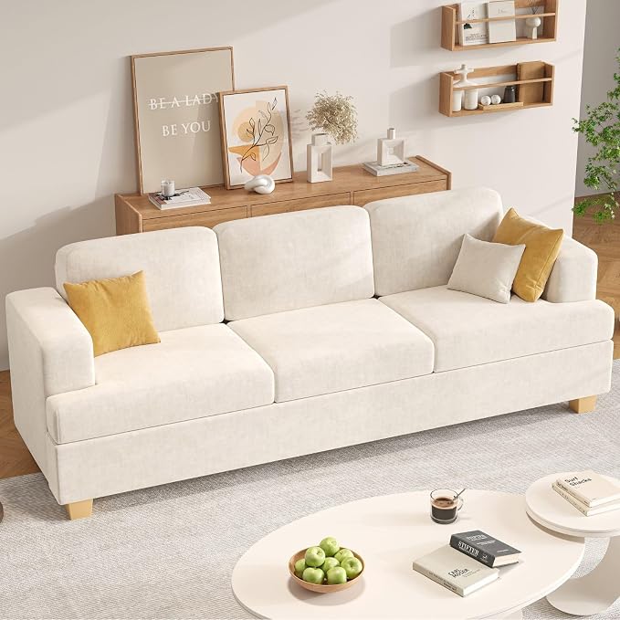 Apicizon 89" 3 Seater Modern Sofa, Chenille Couch for Living Room, Comfy Couch Sofa with Removerable Cushion for Office Bedroom, White