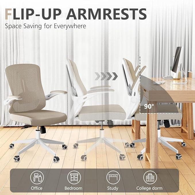 Ergonomic Office Chair with Lumbar Support, High Back Mesh Desk Chair with Flip-Up Arms, Adjustable Computer Task Chair, Khaki