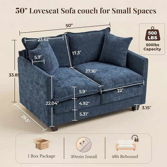 Loveseat Sofa with Cloud 3-Layer Cushion & 27" Deep Seat, Modern Small Couch with 2 Washable Pillows for Small Spaces, Bedroom, Apartment, Office, Living Room, in a Box, 50-Inch Blue