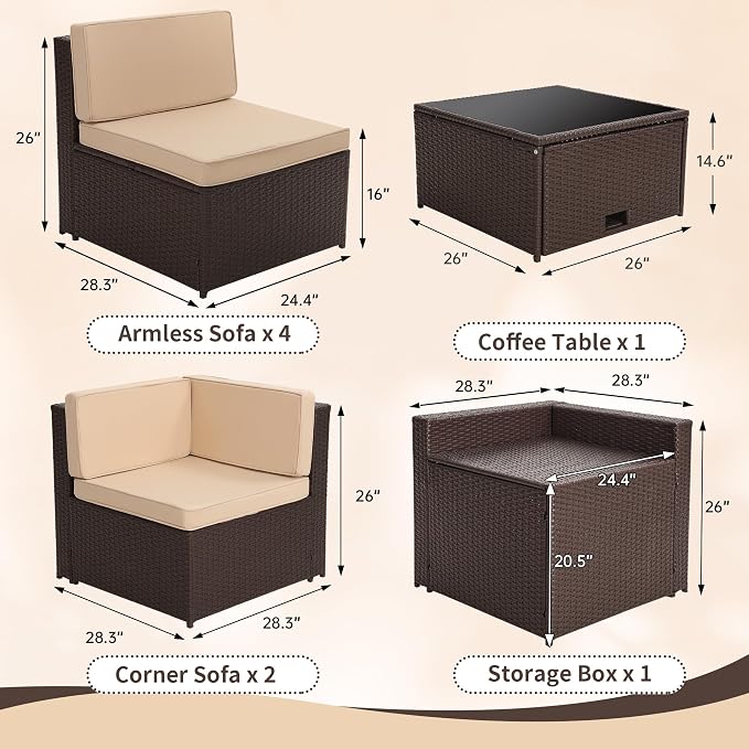 KROFEM 8-Piece Patio Furniture Set, Outdoor Wicker Rattan Sectional with Thick Cushions, Glass Top Table with Hidden Storage, Outdoor Conversation Set for Backyard, Porch, Patio, Beige