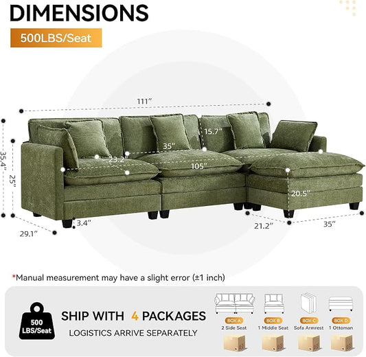 111'' Cloud Deep Seat Sectional Couch, Modern Comfy Chenille L Shaped Sectional Sofa with Movable Ottoman, Upholstered Modular 4-Seater Sofa Couch for Living Room, Green