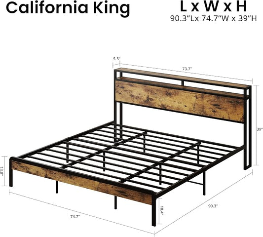 LIKIMIO California King Size Bed Frame, Platform Bed with Storage Headboard | Metal Bed Frame, Solid and Stable, Noise Free, No Box Spring Needed, Easy Assembly, Durable, Industrial Brown
