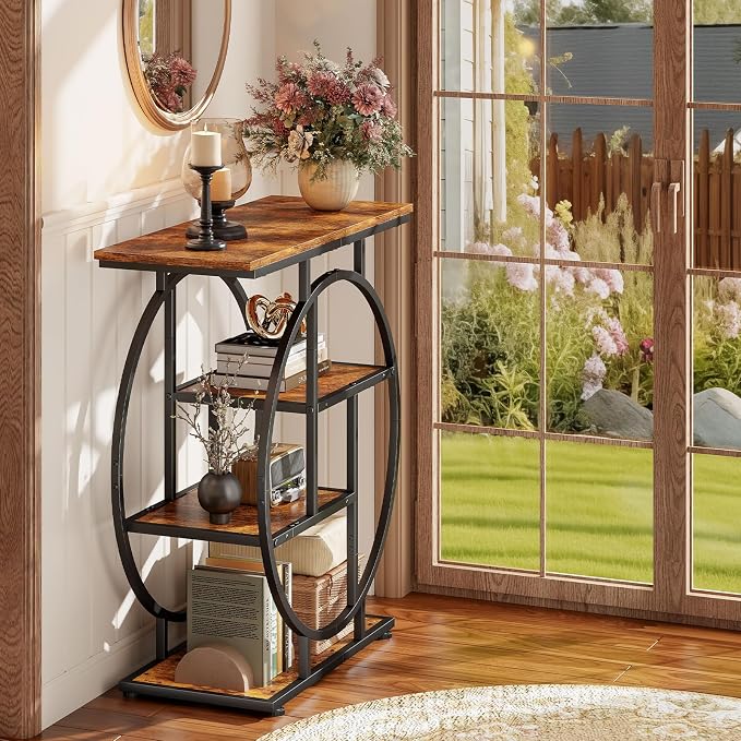 Small Entryway Console Table, 31.5" Narrow Sofa Table Behind Couch with Modern Curved Metal Frame, Skinny Wood Entry Table for Hallway, Entrance, Living Room, Wall, Foyer, Front Door, Rustic Brown