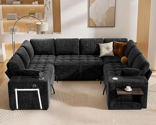Vipbear 111" Modular Sectional Sleeper Sofa with Pull Out Bed, 8 Seat Chenille U Shaped Couch with 2 Pull-Out Beds|USB Ports|Cup Holders|Side Table|LED Light, Tool Free Assembly, Black