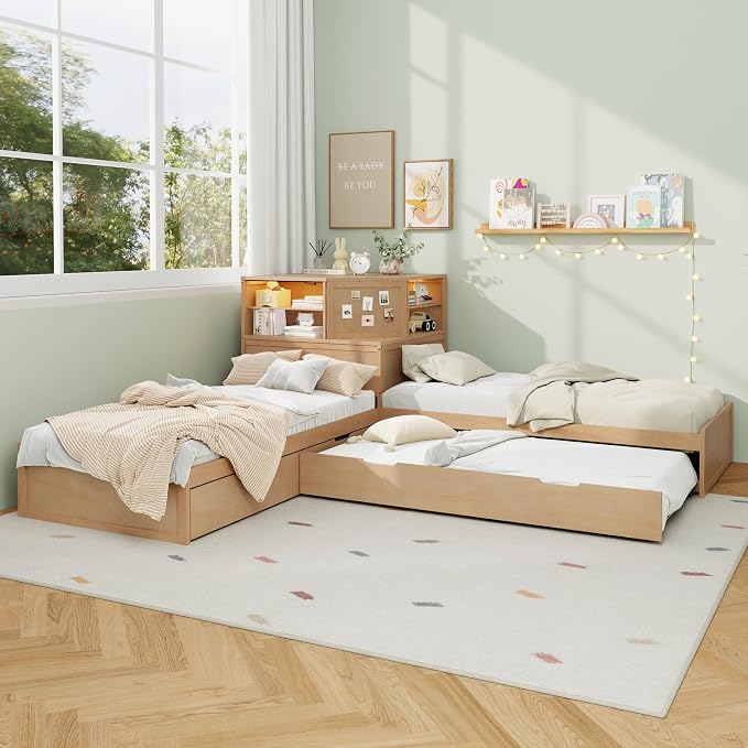 Merax L-Shaped Combination Twin Corner Platform Bed Frame with Trundle,Drawer,Built-in Desk and Led Downlight,3-in-1 Design for Bedroom