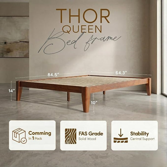 Thor Premium Solid Wood Bed Frame Queen, Japanese Joinery Bed Frame with Wood Slat Support, Platform Bed, No Box Spring Needed, Easy Assembly, Minimalist & Modern Style (Mahogany)