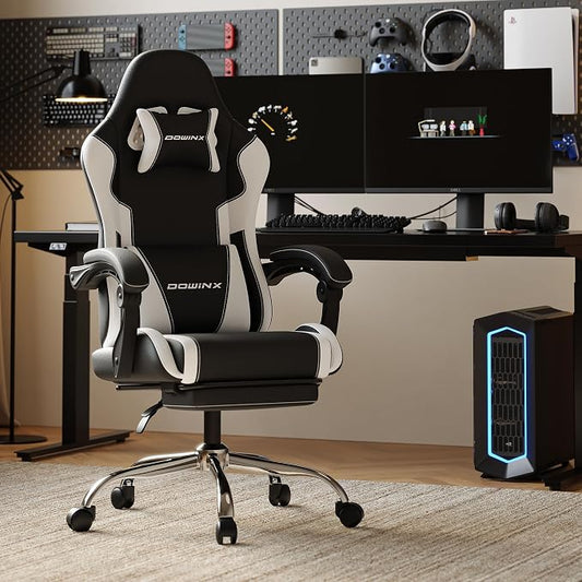 Dowinx Gaming Chair with Footrest, 330lbs Computer Chair 2D Lift Linkage Armrest, Massage Lumbar, Height Adjustable Ergonomic Comfy Video Game Chairs for Home Office Streaming, Long Gaming, White