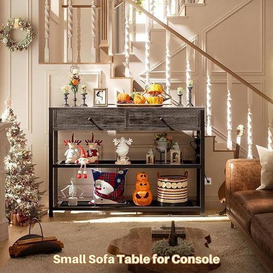 Ecoprsio Entryway Table with Outlets and USB Ports, Small Console Table with 2 Drawers, Sofa Table with Storage Shelves for Living Room, Couch, Hallway, Foyer, Kitchen Counter, 32'', Grey Oak