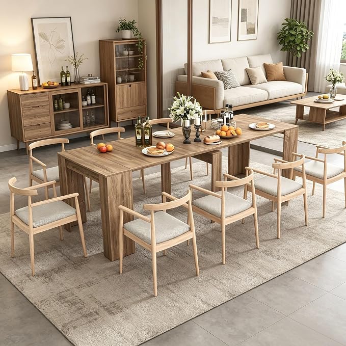 Expandable Dining Room Table, Extendable Table for 10-12 People, Folding Console Table, Space Saving Kitchen Table for Apartment, Wood Grain Gray