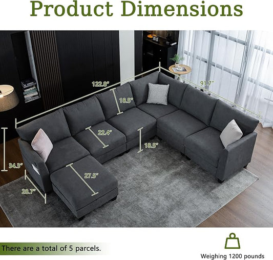 122.8" Large Sectional Couches for Living Room, 6 Seater L Shaped Modular Sectional Sofa with Storage Ottoman & USB, Oversized Corner Couch for Living Room(Grey)