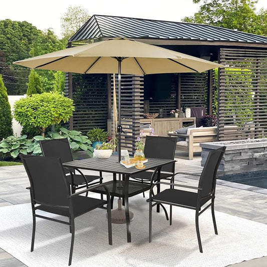 SUNCROWN 6 - Piece Outdoor Dining Set, Patio Furniture Set with 4 Textilene Dinning Chairs, 1 Steel Slat Metal Bistro Table and 1 Brown 9Ft Patio Umbrella for Lawn Garden Backyard Deck, Black