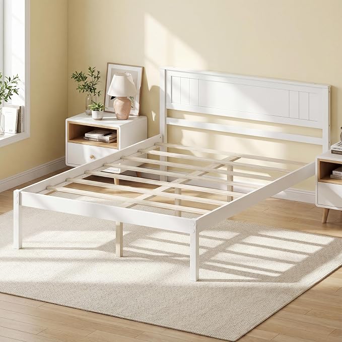 Giantex Full Size Wood Platform Bed Frame with Headboard, Mid Century Solid Wood Mattress Foundation with Slat Support, Double Bed Frame w/16 Under-Bed Storage, No Box Spring Needed (White)
