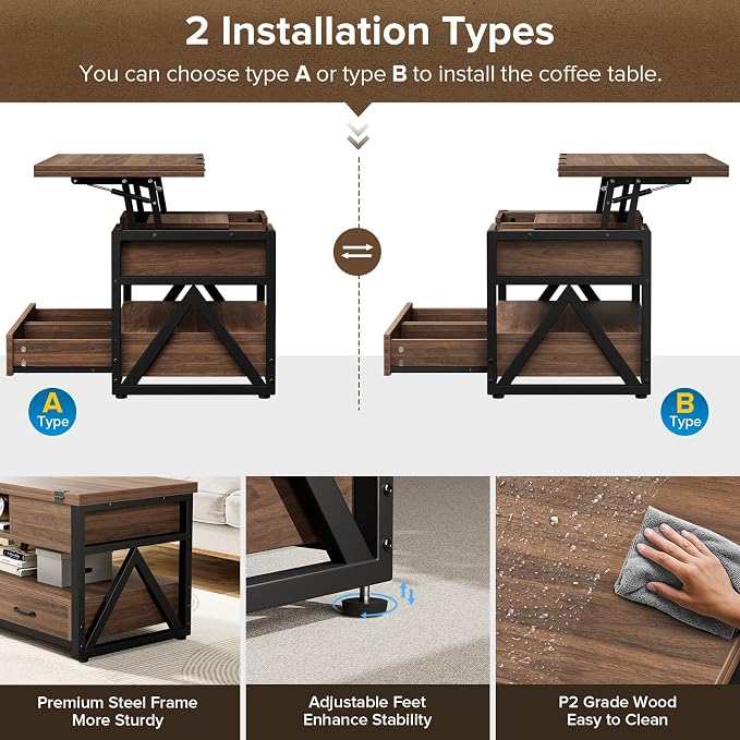 Memobarco 40" Lift Top Coffee Table,4 in 1 Multi-Function Lift Coffee Tables with Storage Drawers and Hidden Compartmen,Farmhouse Coffee Table with Lifting top for Living Room, Walnut