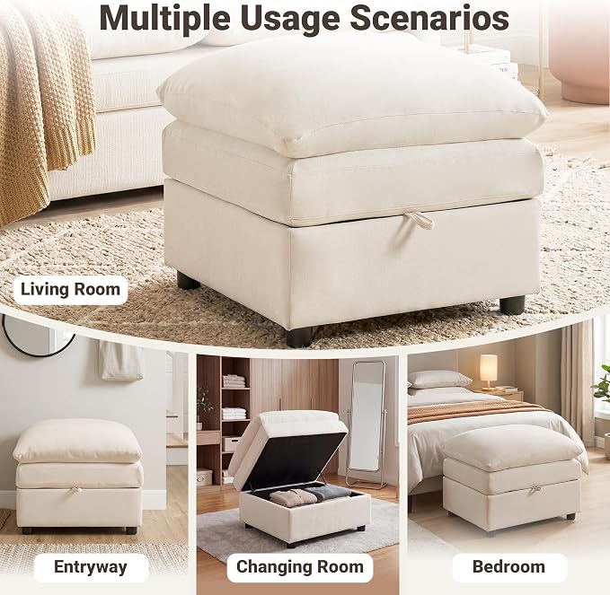 Iroomy 25" Chenille Ottoman, 9.5" Thick Cushion, Upholstered Footrest Modern Footstool & Bench for Living Room, Bedroom, Beige