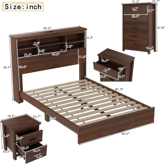 Walnut 4 Piece Bedroom Sets Queen Size, Vintage Rustic Bed Frame with Chest and 2 Nightstands, Wood Platform Beds with Storage Headboard and Charging Station